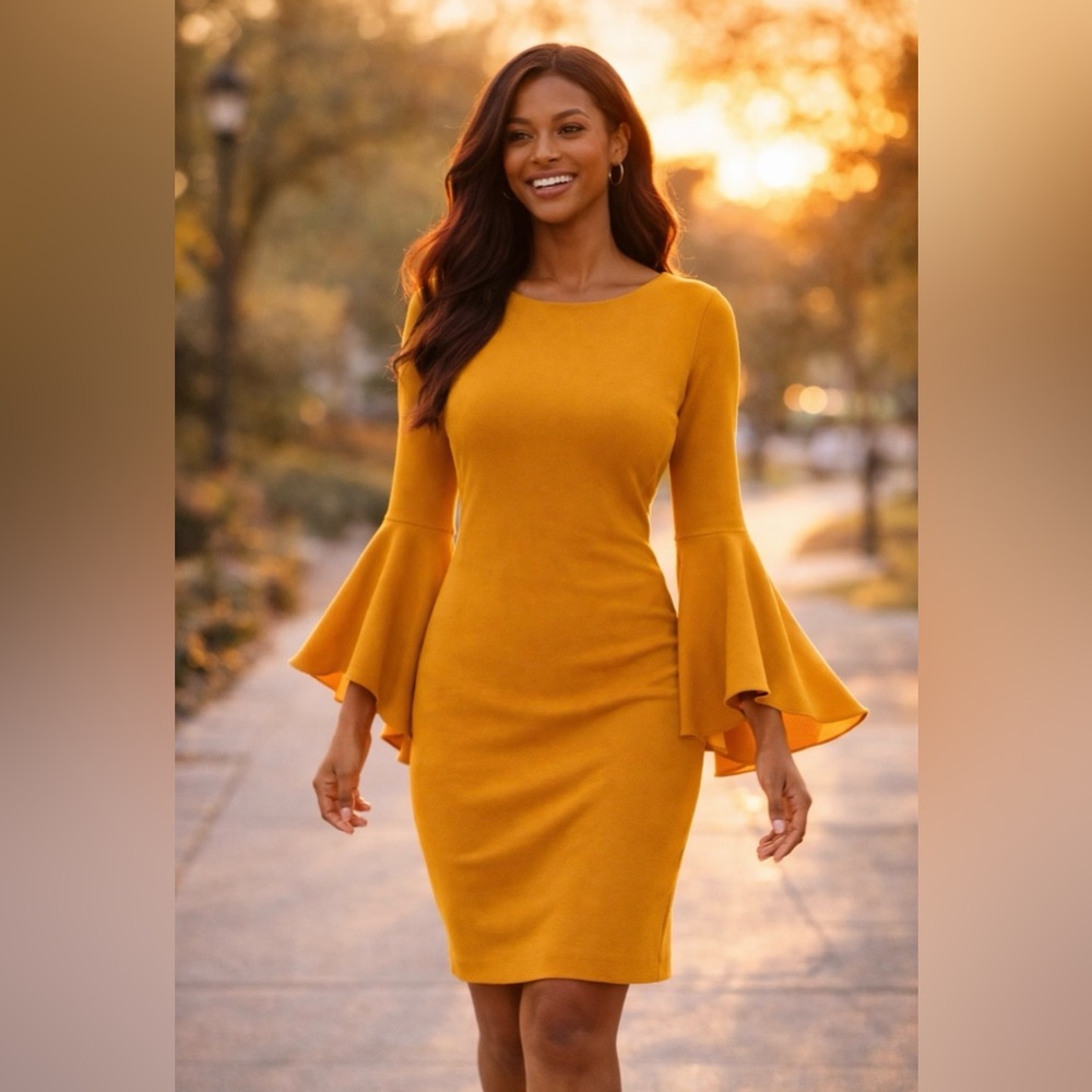 Marina Dress 8 Gold Yellow Stretch 3/4 Long Sleeve Career Church Washable $325